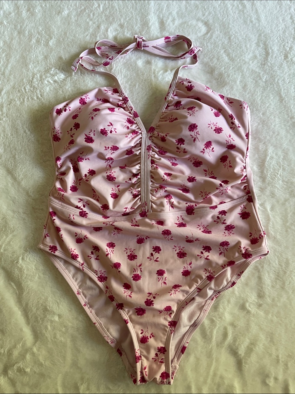 Shade & Shore Pink Floral Halter One-Piece Swimsuit  SZ L  12-14